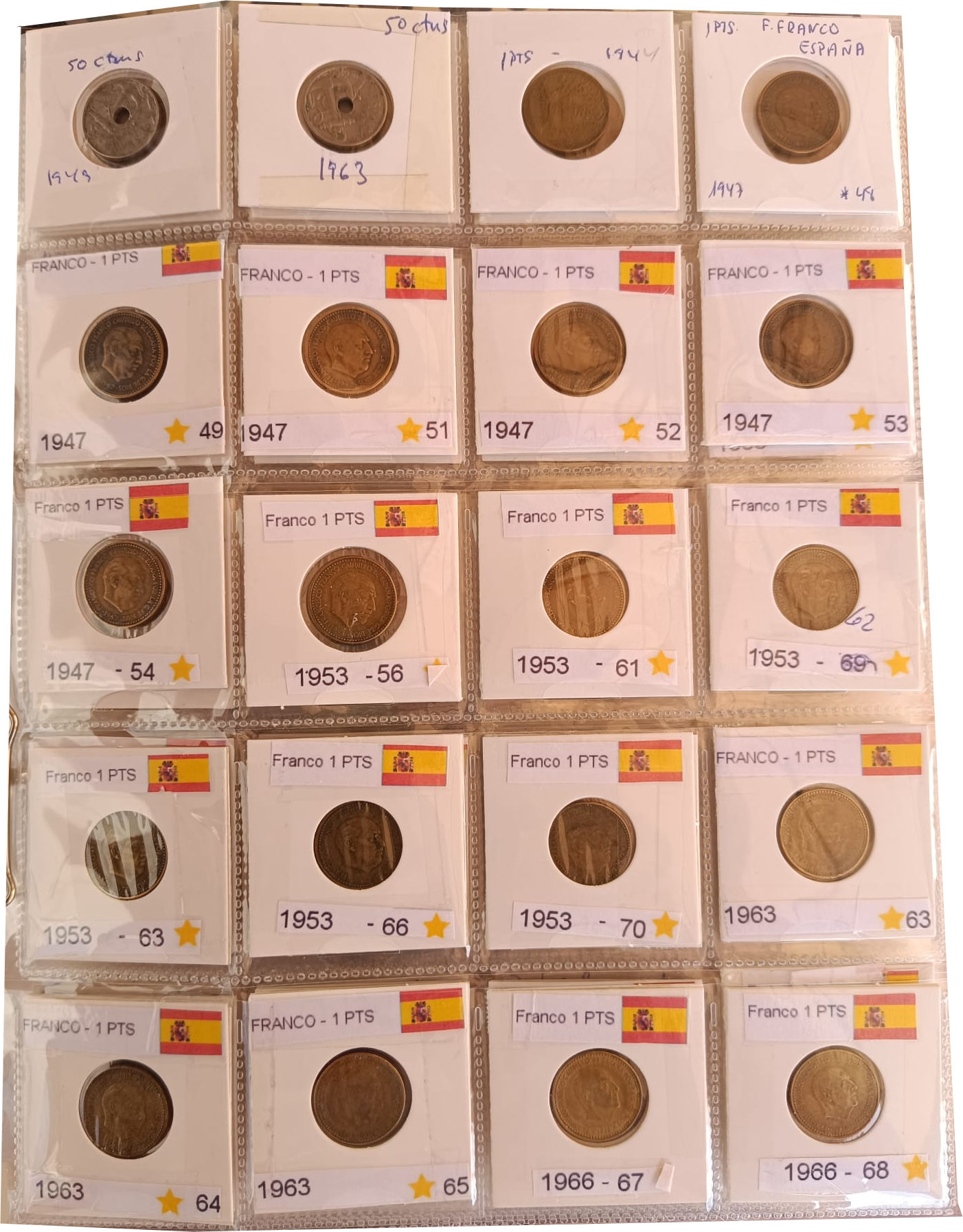 Colección de monedas de 1 peseta de Franco por estrellas (1947–1966) + monedas adicionales