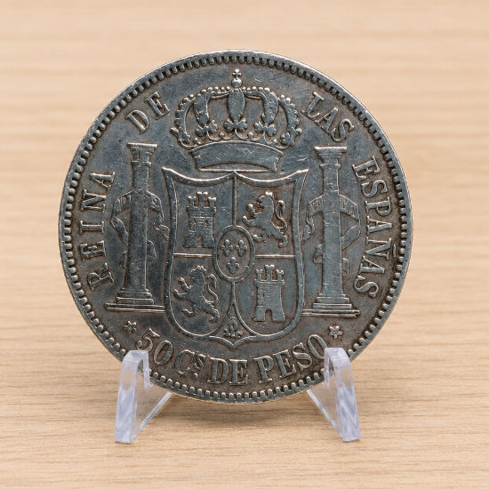 Moneda Plata 50 Céntimos de Peso 1868 Isabel II - Filipinas (Ceca Manila) MBC - Imagen 2