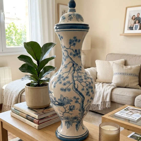 Jarrón decorativo grande blanco y azul con tapa – 65 cm